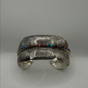 Sterling Silver Feather Cuff Bracelet with Multicolor Inlay